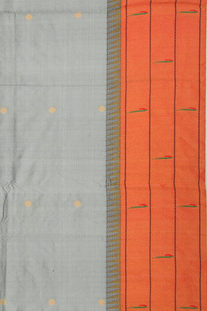 Soft Silk Paithani Inspired Butta Grey Saree With Triple Muniya Border