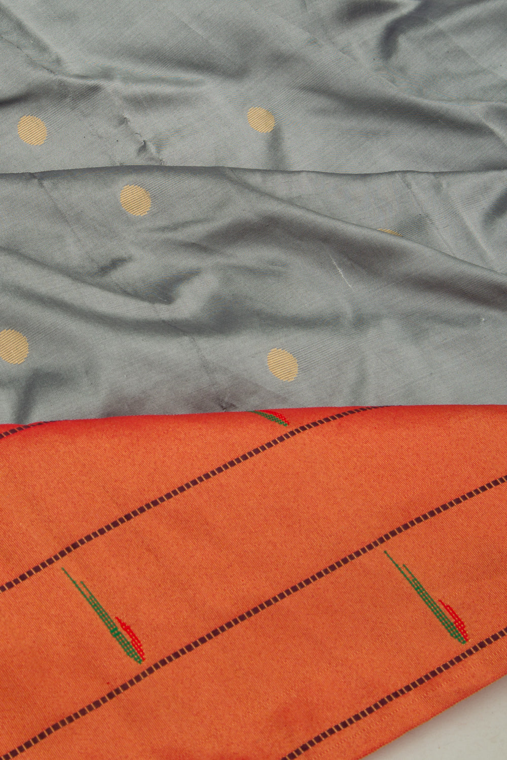 Soft Silk Paithani Inspired Butta Grey Saree With Triple Muniya Border