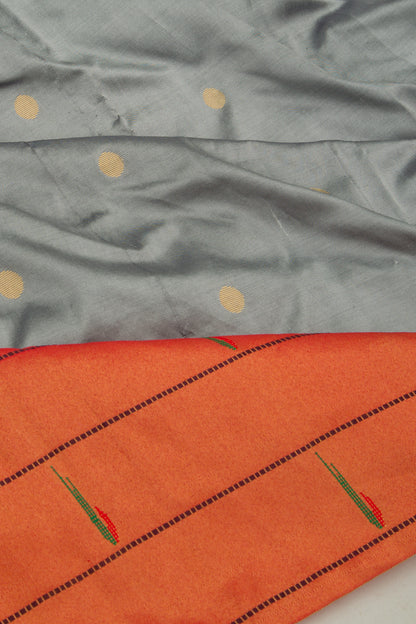 Soft Silk Paithani Inspired Butta Grey Saree With Triple Muniya Border