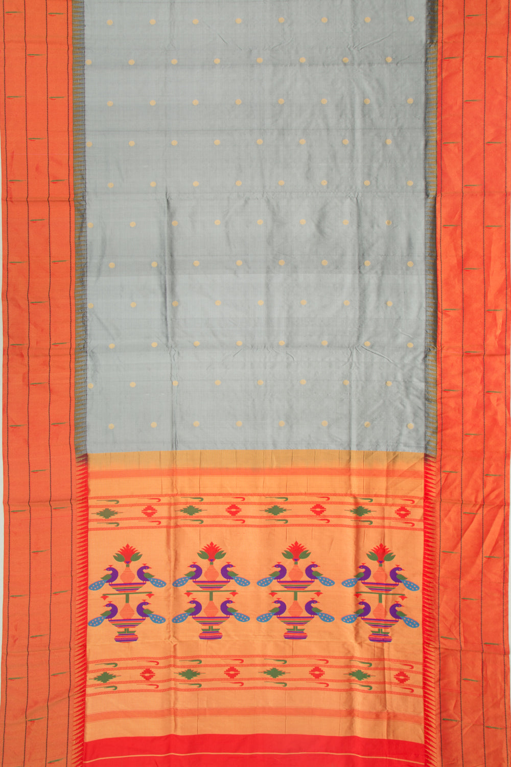 Paithani Soft Silk Butta Grey Saree With Triple Muniya Border