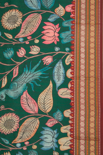 Soft Dupion Silk Printed Green Saree