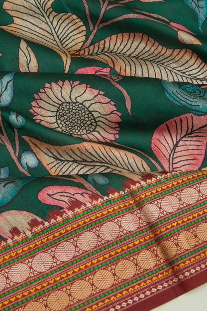 Soft Dupion Silk Printed Green Saree