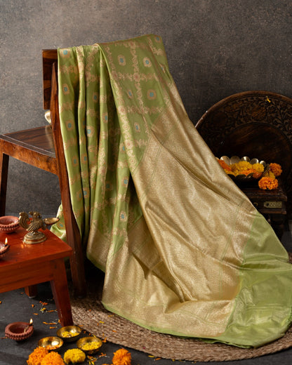 Banarasi Silk Jaal And Butta Green Saree