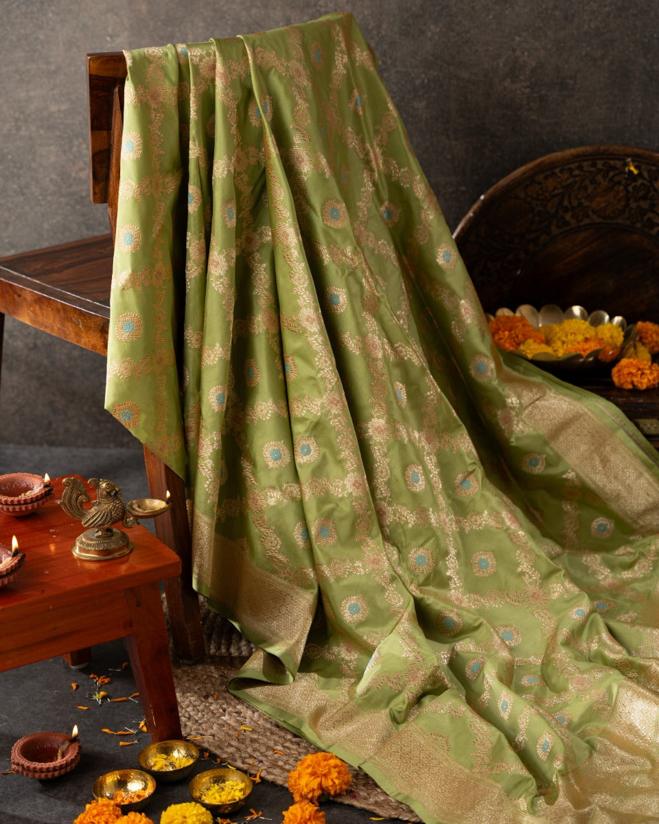 Banarasi Silk Jaal And Butta Green Saree