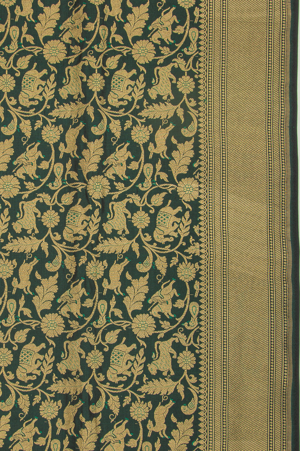 Banarasi Silk Shikargah Jaal Bottle Green Saree