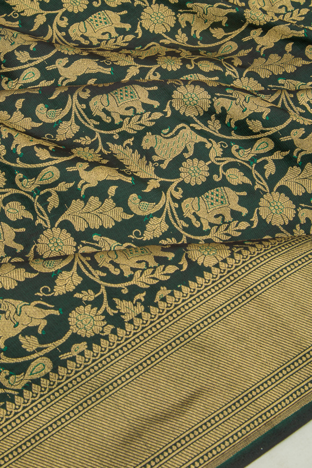 Banarasi Silk Shikargah Jaal Bottle Green Saree