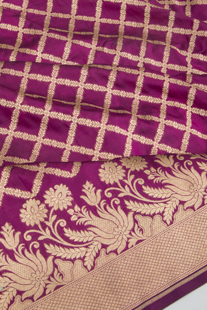 Banarasi Silk Criss Cross Checks Purple Saree