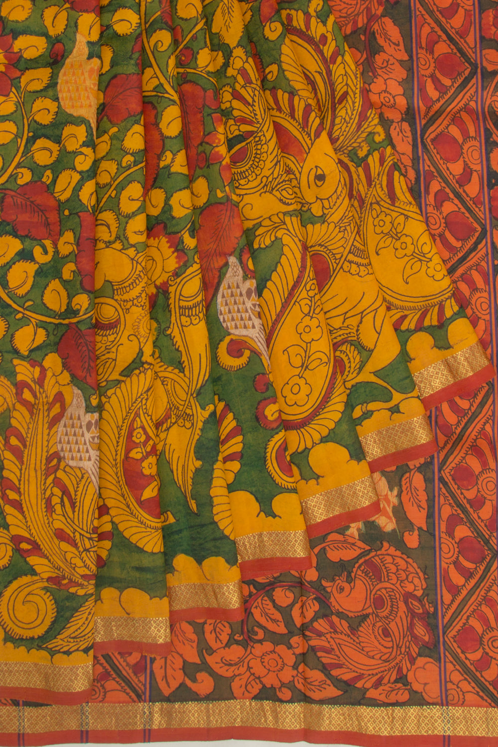 Kanchipuram Silk Kalamkari Handpainted Green Saree