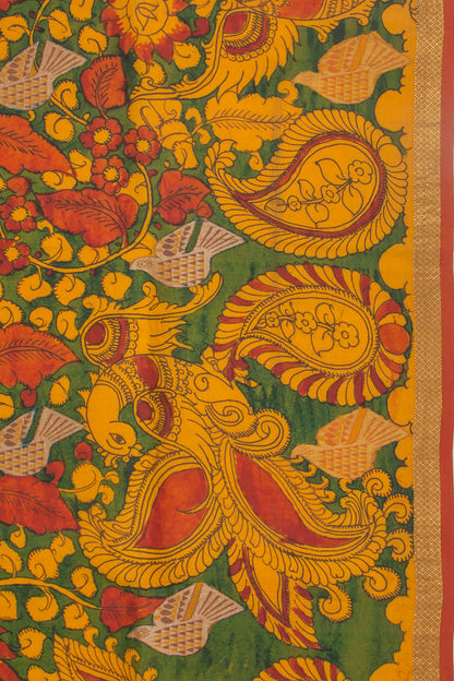 Kanchipuram Silk Kalamkari Handpainted Green Saree