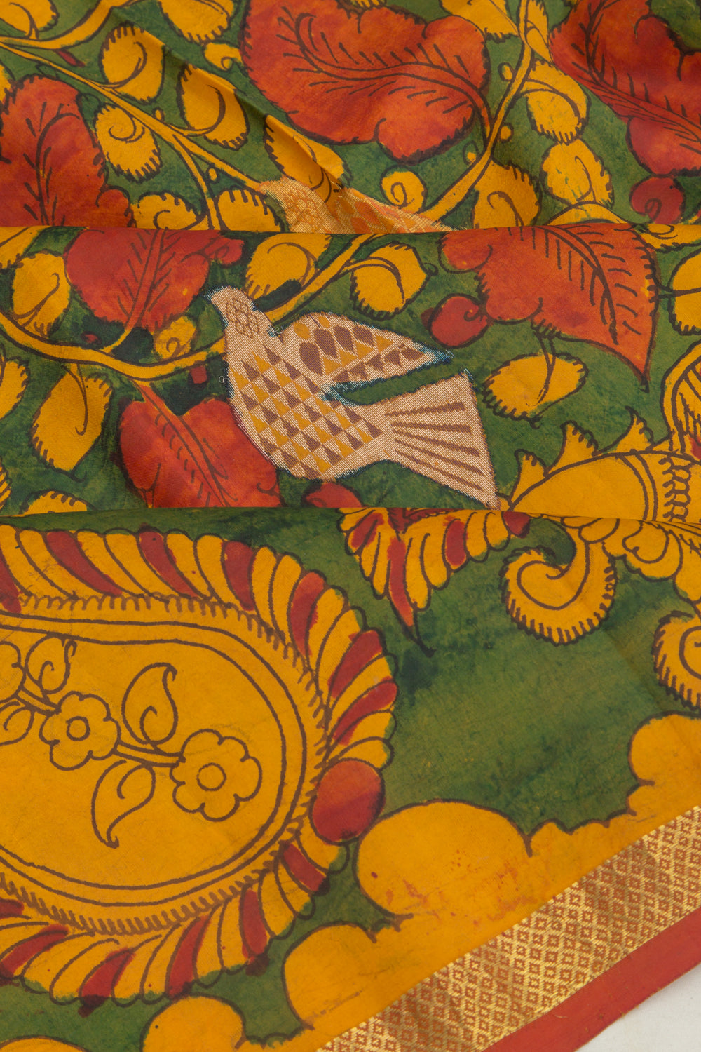 Kanchipuram Silk Kalamkari Handpainted Green Saree