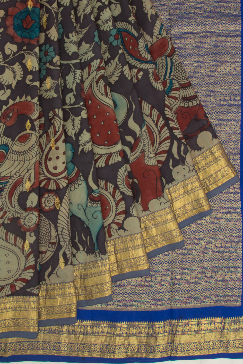 Kanchipuram Silk Kalamkari Handpainted Black Saree