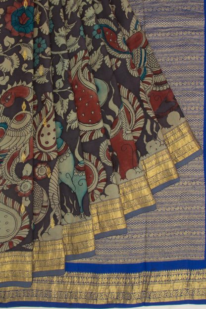 Kanchipuram Silk Kalamkari Handpainted Black Saree