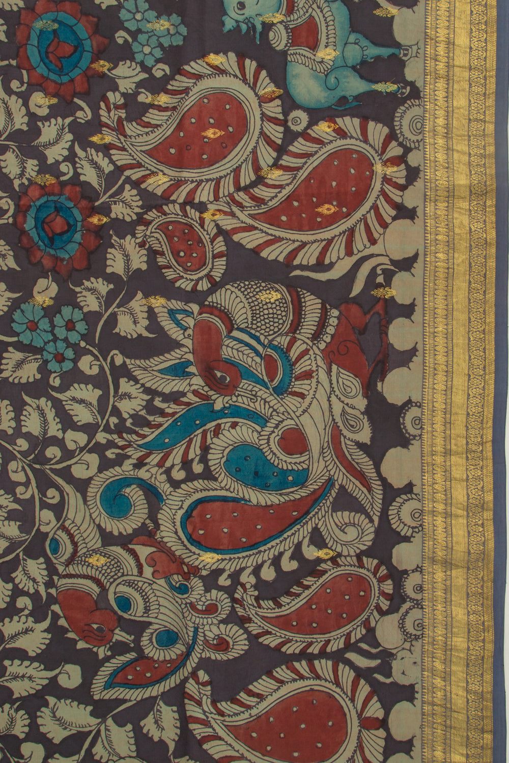 Kanchipuram Silk Kalamkari Handpainted Black Saree