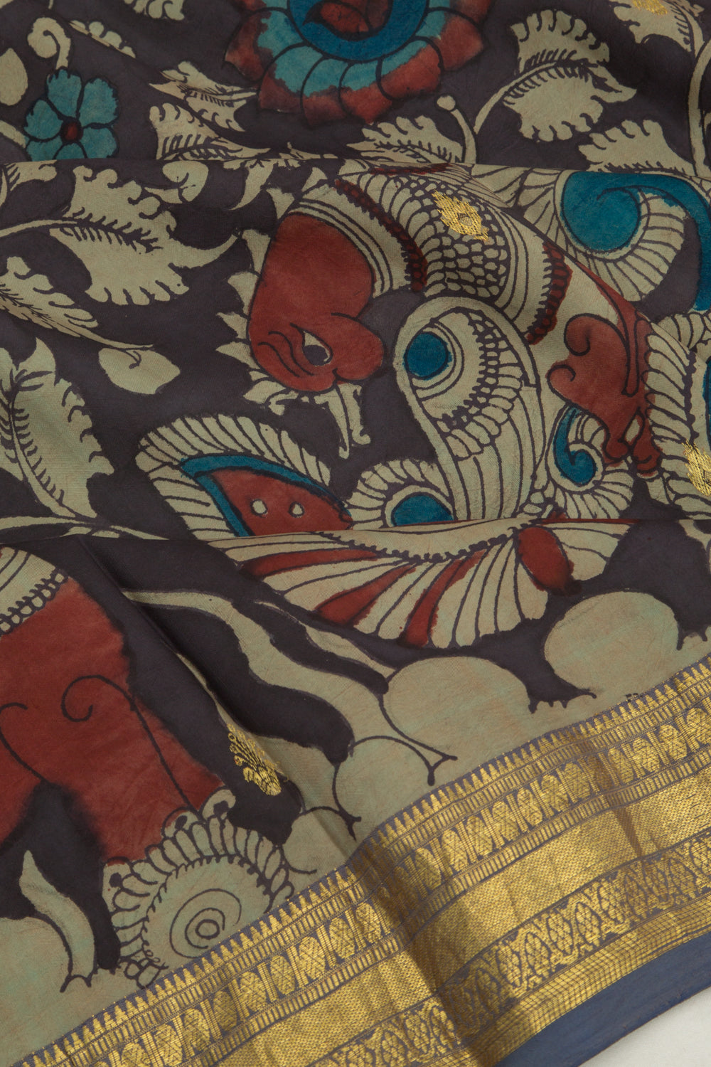 Kanchipuram Silk Kalamkari Handpainted Black Saree