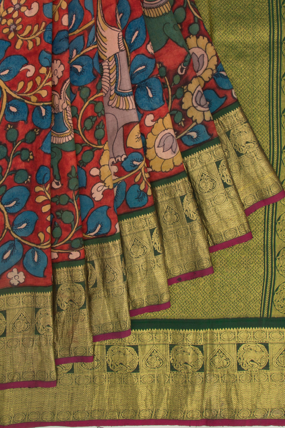 Kanchipuram Silk Kalamkari Handpainted Brown Saree
