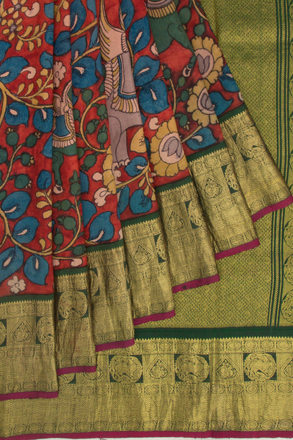 Kanchipuram Silk Kalamkari Handpainted Brown Saree
