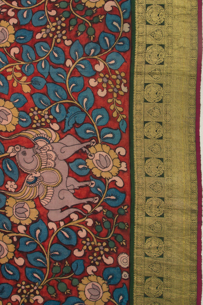 Kanchipuram Silk Kalamkari Handpainted Brown Saree