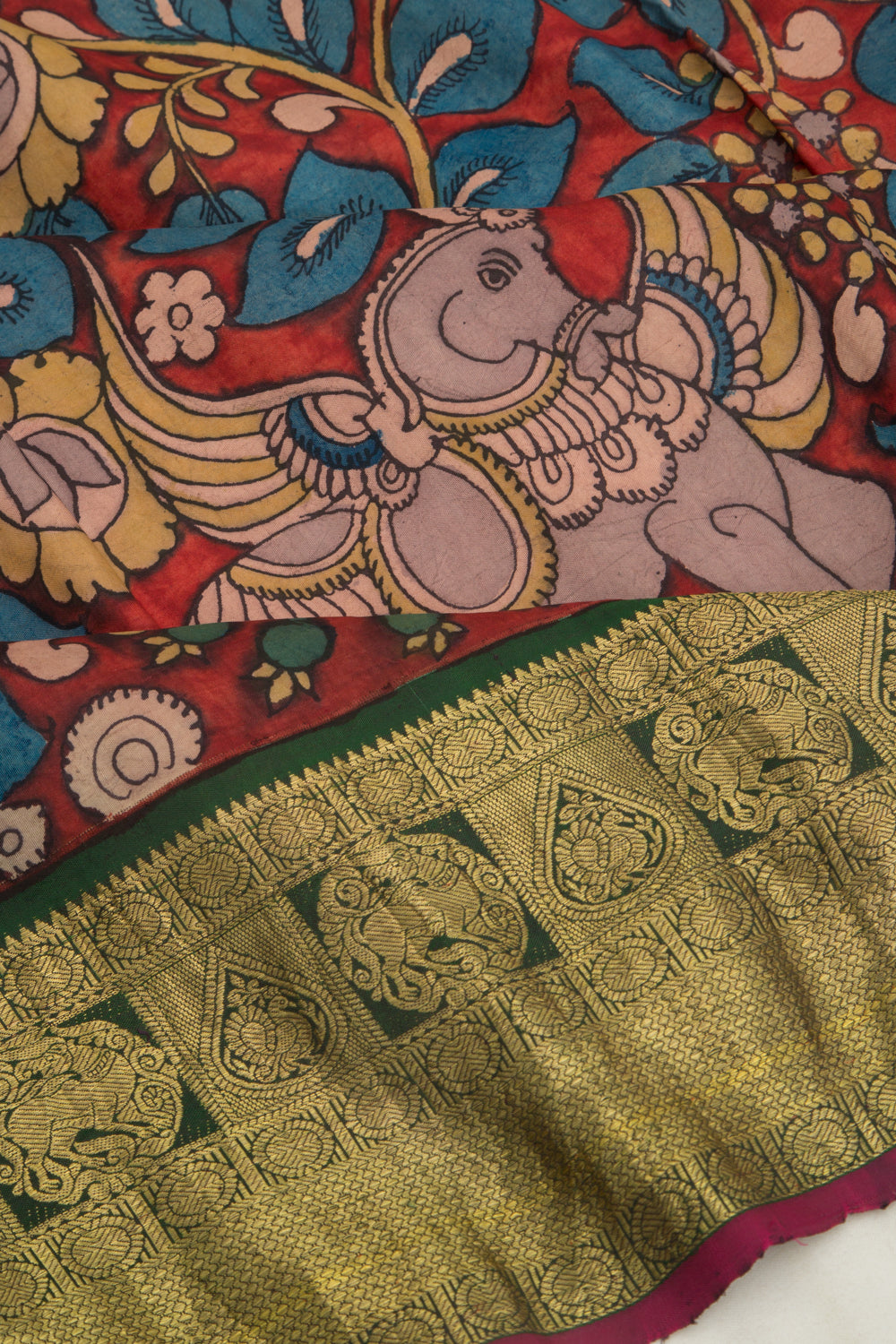 Kanchipuram Silk Kalamkari Handpainted Brown Saree