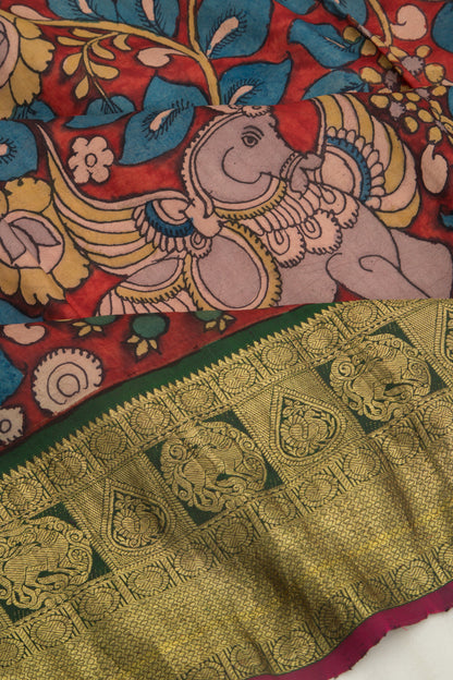 Kanchipuram Silk Kalamkari Handpainted Brown Saree