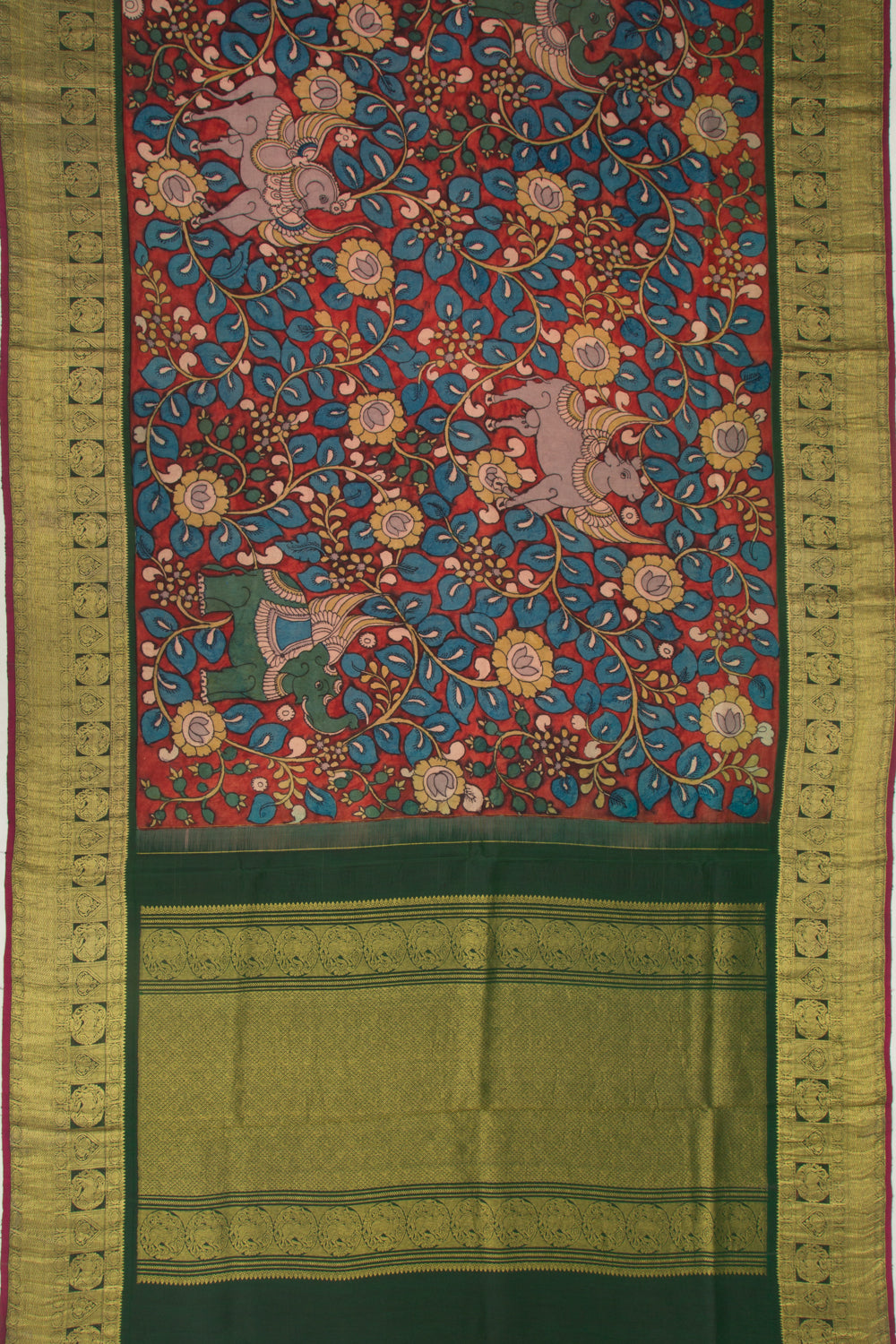 Kanchipuram Silk Kalamkari Handpainted Brown Saree