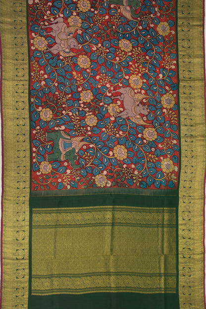 Kanchipuram Silk Kalamkari Handpainted Brown Saree