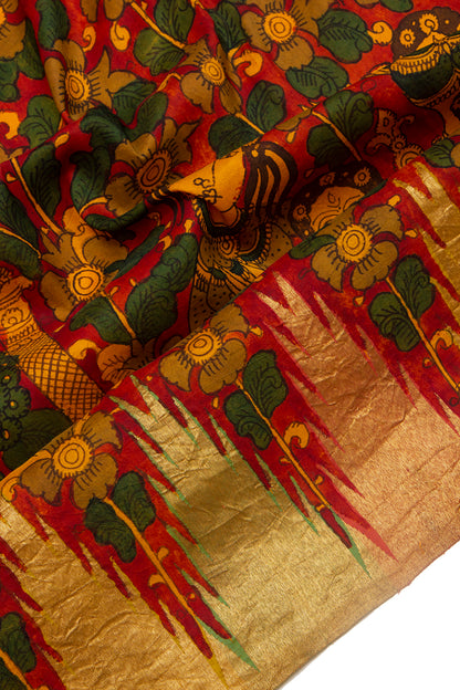 Kanchipuram Silk Kalamkari Handpainted Red Saree
