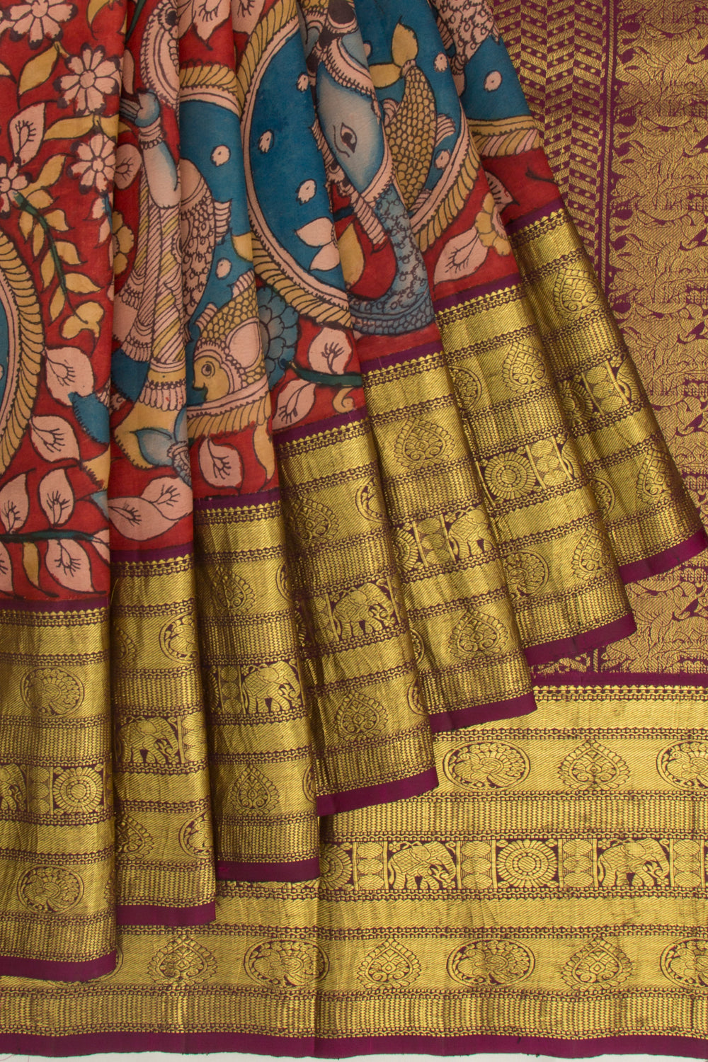 Kanchipuram Silk Kalamkari Handpainted Red Saree