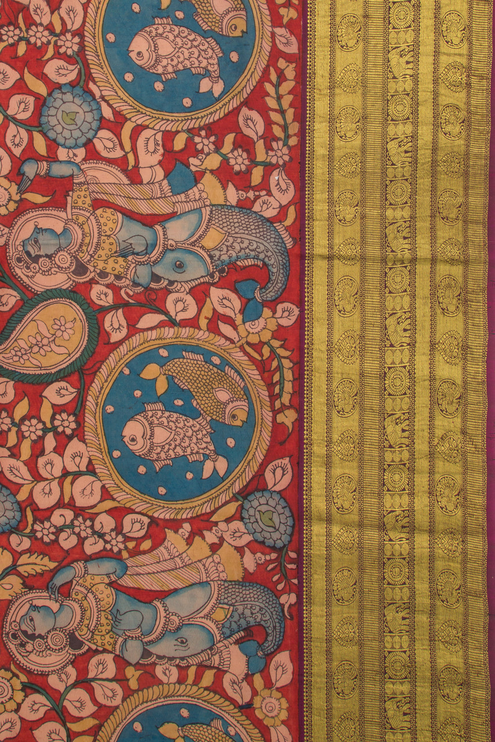 Kanchipuram Silk Kalamkari Handpainted Red Saree