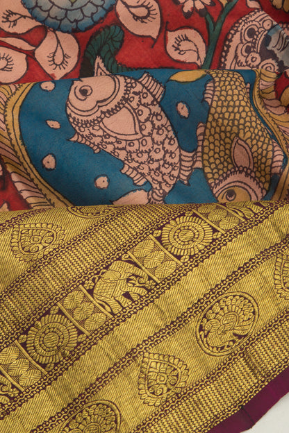 Kanchipuram Silk Kalamkari Handpainted Red Saree