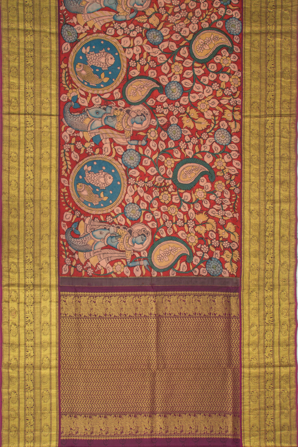 Kanchipuram Silk Kalamkari Handpainted Red Saree