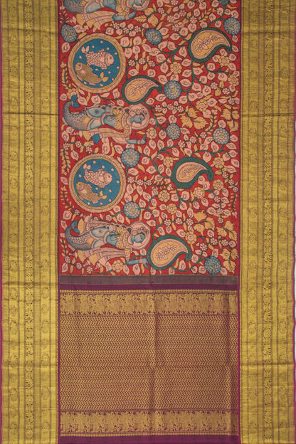Kanchipuram Silk Kalamkari Handpainted Red Saree