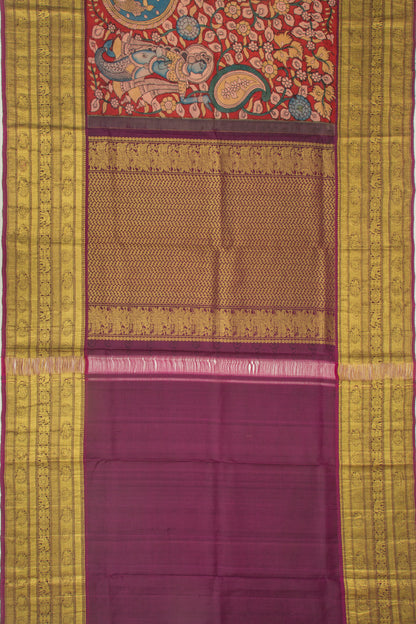 Kanchipuram Silk Kalamkari Handpainted Red Saree
