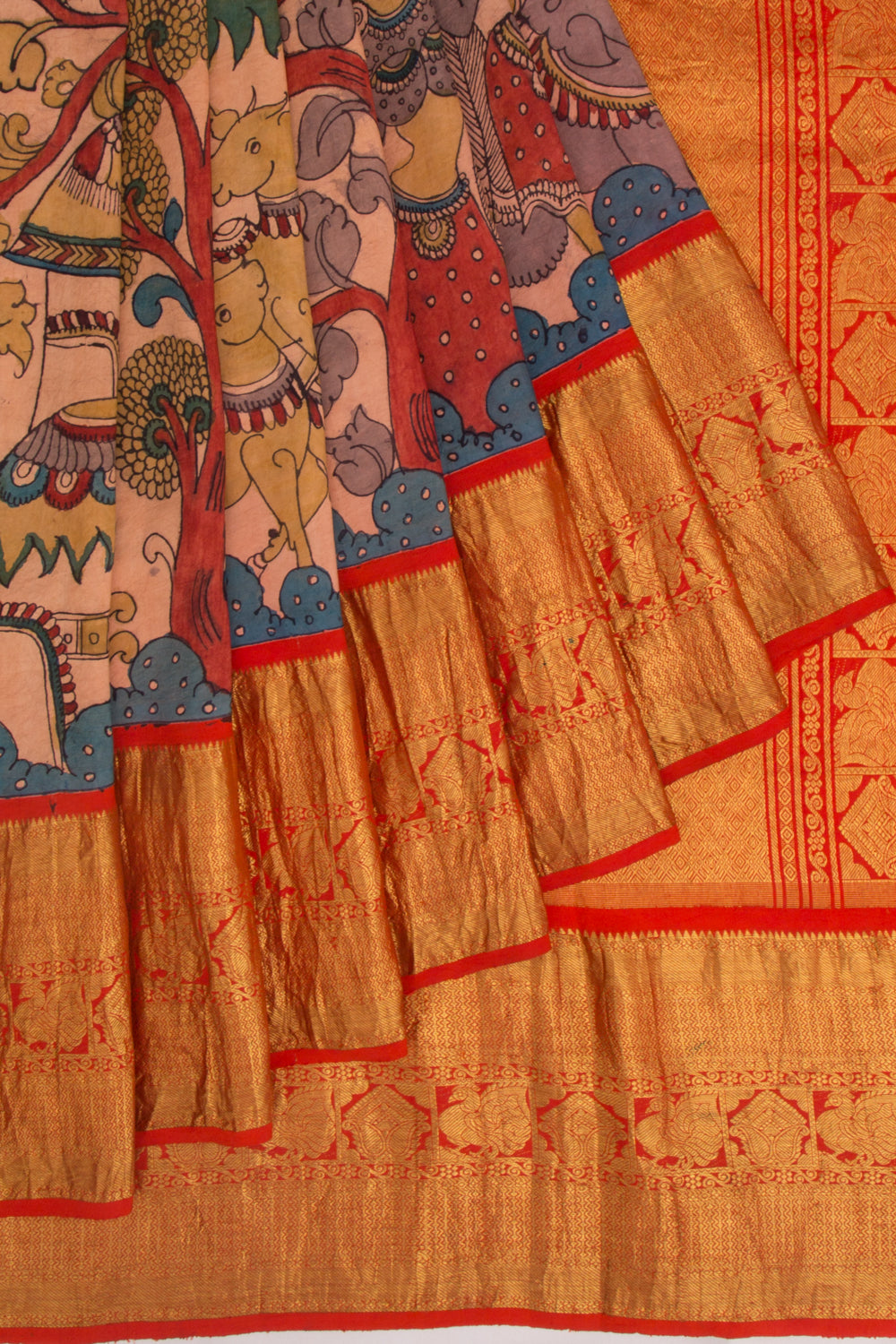 Kanchipuram Silk Kalamkari Handpainted Baby Pink Saree