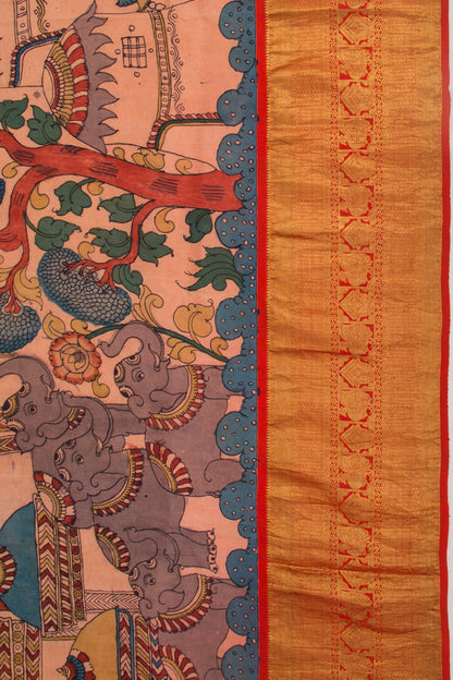 Kanchipuram Silk Kalamkari Handpainted Baby Pink Saree