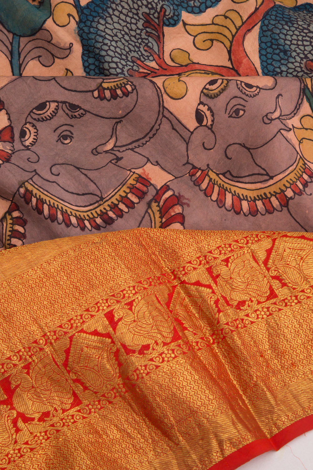 Kanchipuram Silk Kalamkari Handpainted Baby Pink Saree