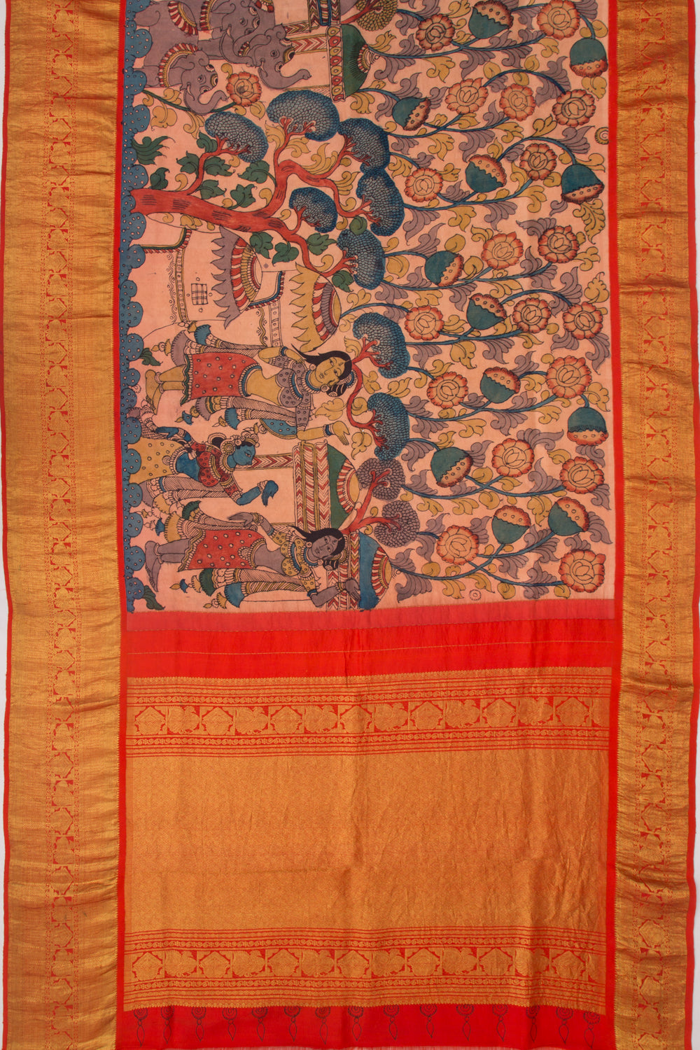 Kanchipuram Silk Kalamkari Handpainted Baby Pink Saree