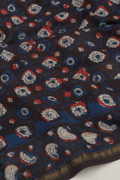 Chanderi Cotton Batik Printed Choco Brown Saree