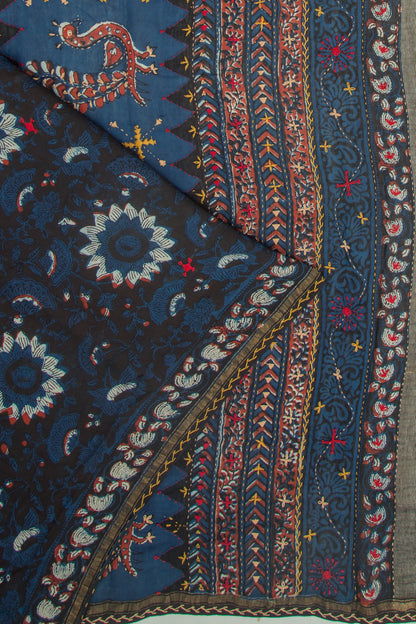 Chanderi Cotton Floral Printed Black And Blue Saree