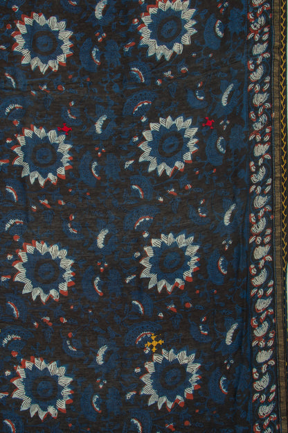 Chanderi Cotton Floral Printed Black And Blue Saree