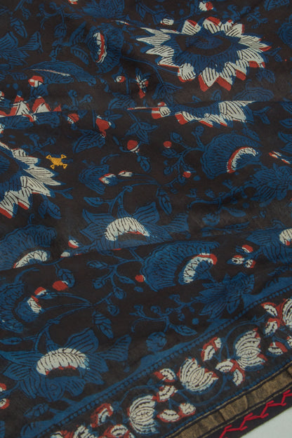 Chanderi Cotton Floral Printed Black And Blue Saree