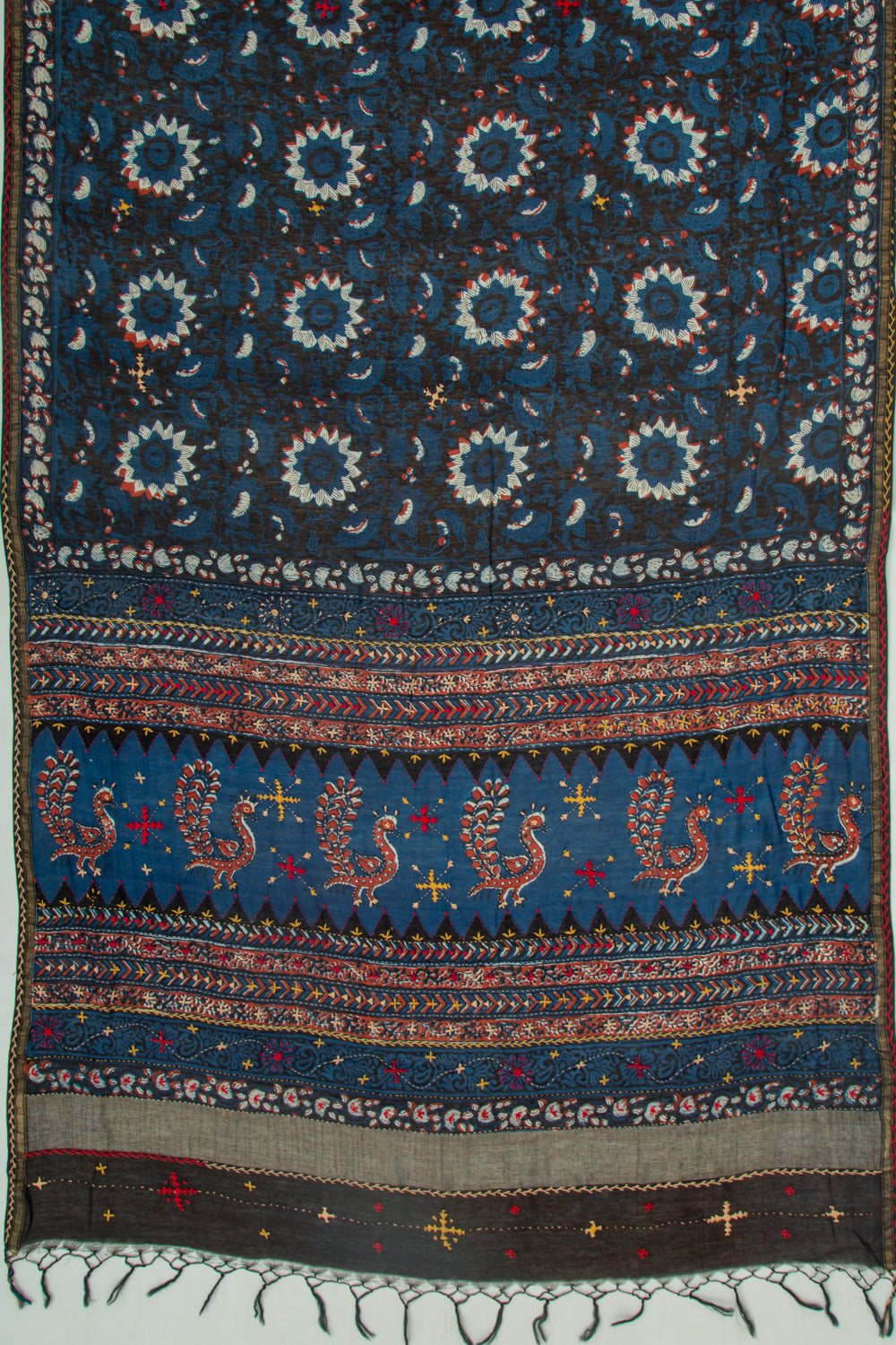 Chanderi Cotton Floral Printed Black And Blue Saree