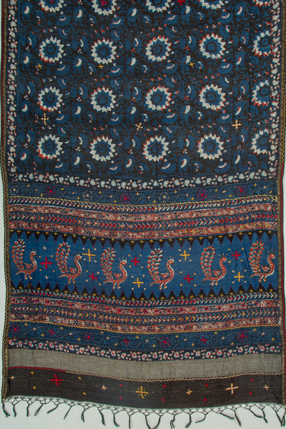 Chanderi Cotton Floral Printed Black And Blue Saree