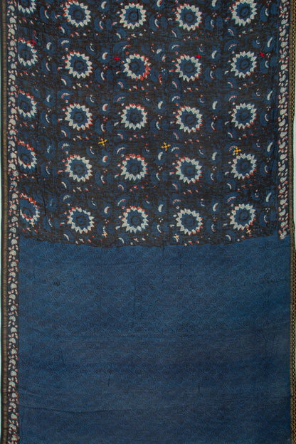 Chanderi Cotton Floral Printed Black And Blue Saree