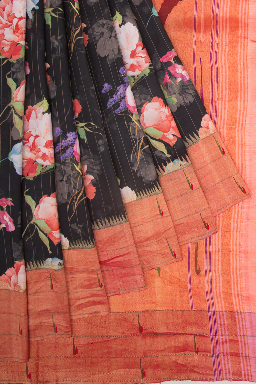 Paithani Soft Silk Floral Printed Black Saree With Triple Muniya Border