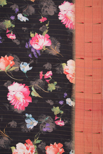 Paithani Soft Silk Floral Printed Black Saree With Triple Muniya Border