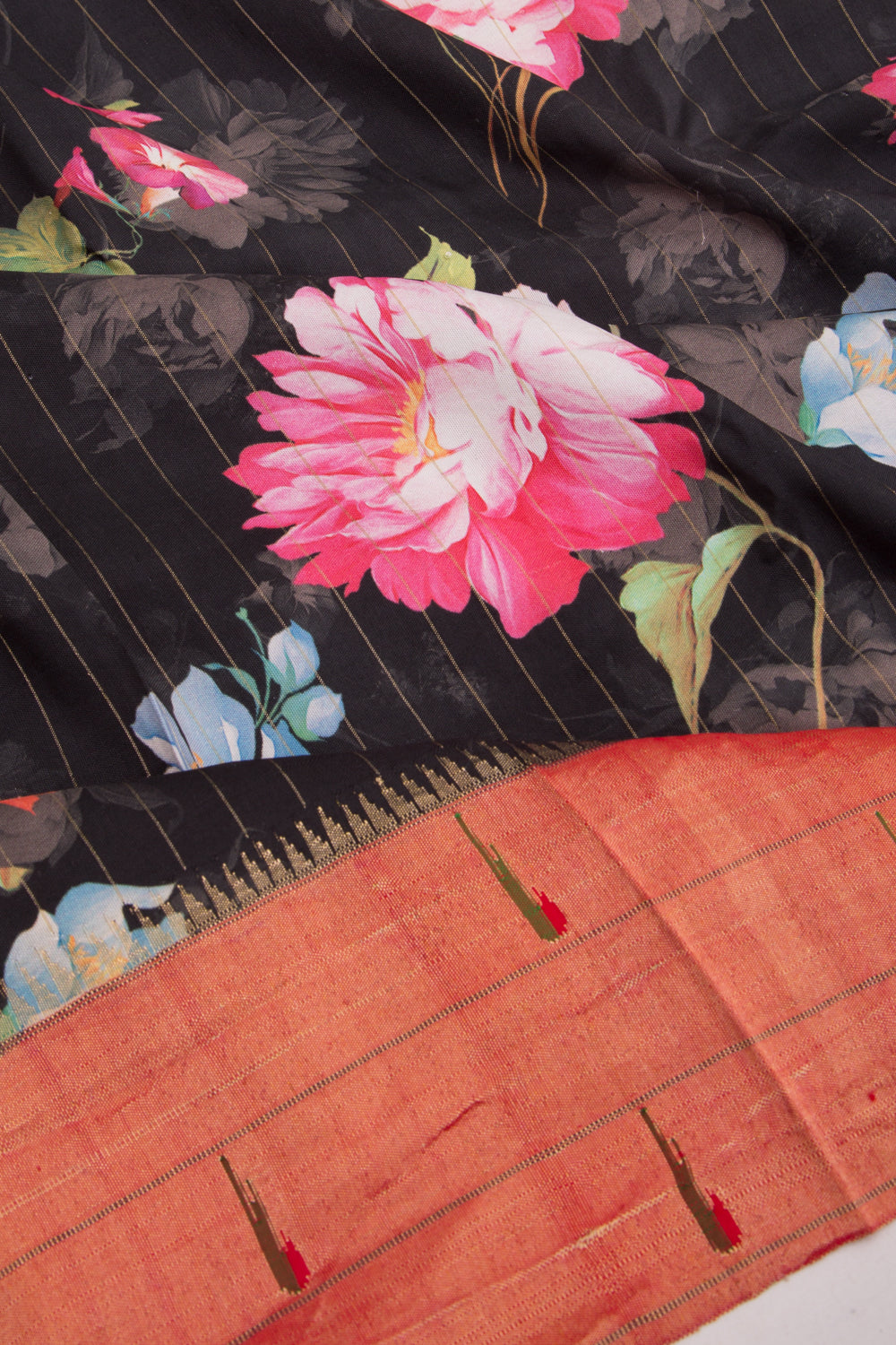 Paithani Soft Silk Floral Printed Black Saree With Triple Muniya Border