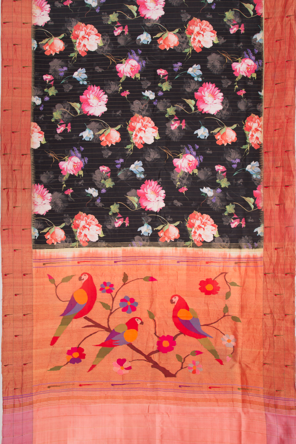 Paithani Soft Silk Floral Printed Black Saree With Triple Muniya Border