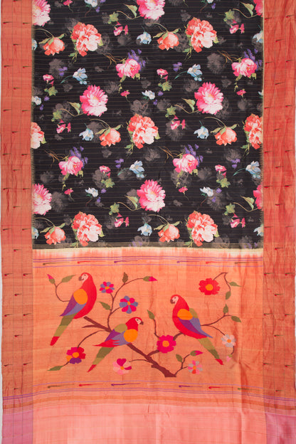 Paithani Soft Silk Floral Printed Black Saree With Triple Muniya Border