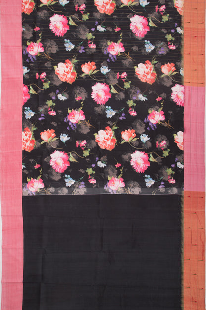 Paithani Soft Silk Floral Printed Black Saree With Triple Muniya Border