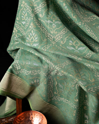 Banarasi Cotton Jamdani Jaal Pista Green Saree